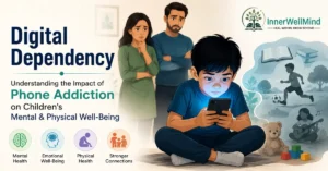 Illustration showing the impact of phone addiction on children's mental and physical well-being.