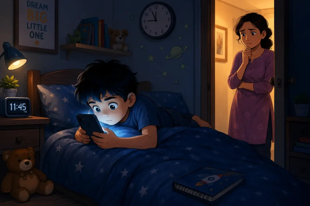 Child using a smartphone at night while a concerned parent observes, illustrating the mental health effects of phone addiction.