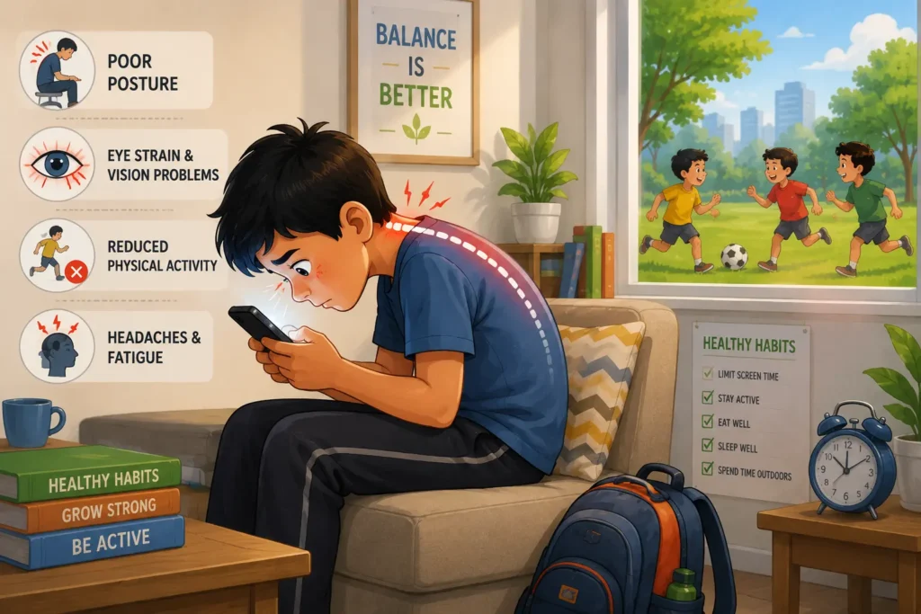 Child looking down at a smartphone showing poor posture and eye strain caused by excessive phone use.